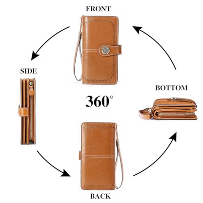 SENDEFN Wallets for Women Leather Credit Card Holder with RFID Blocking Large Capacity Wristlet - color: 1-Wax-Brown-1
