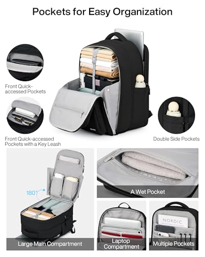 MILADA Travel Backpack, Expandable Carry On Backpack 28L-39L, Black - color: Black