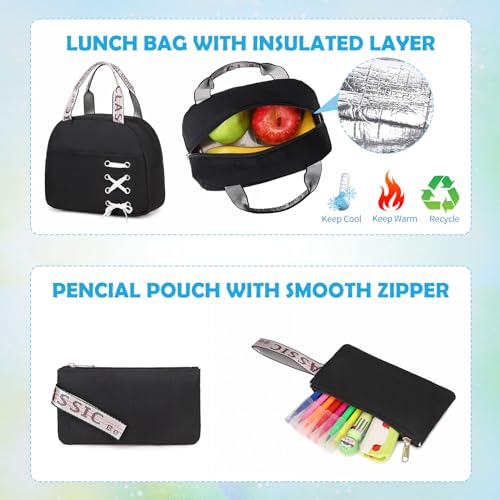 ACESAK 3PCS Teen Girls Backpack with Lunch Bag Set&USB Charging Port,Blue - color: Black & Blue