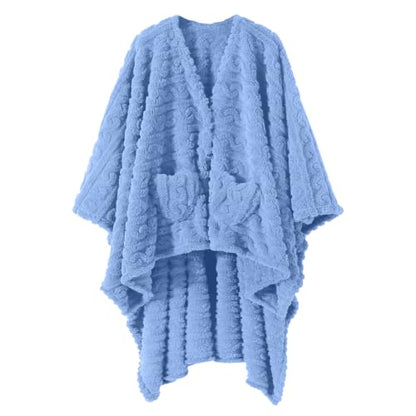 Wearable Blanket Poncho Cape Wrap for Adult, Cozy Sherpa Fleece Pocketed Shawl TV Throw Blankets for Office and Lounge,Light Blue - color: Light Blue