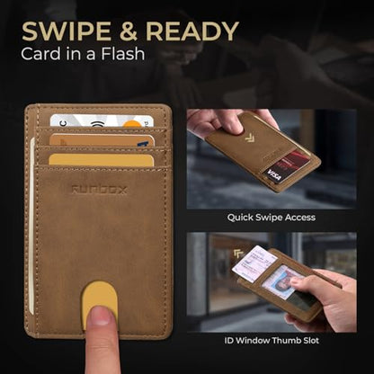 RUNBOX Slim Wallet for Men and Women, RFID Blocking Leather Card Holder - color: Classic Yellowish-brown