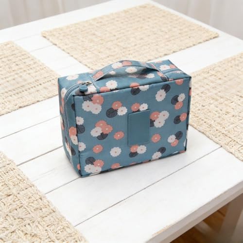 1-Pcs Square Cosmetic Bag, Floral Print, Top-Handle Makeup Pouch, Blue