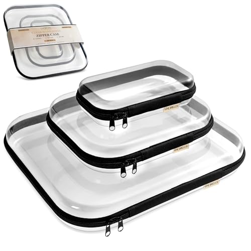 Clear Hard Shell Zipper Case 1.1mm Set S+M+L, Premium Plastic Hardshell Pouches and Storage Boxes for Clothes, Toys, Makeup, Toiletry & Travel, Zip Up Organizer Bags and Packing Cubes.