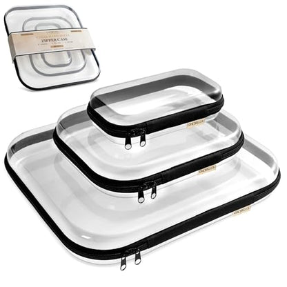 Clear Hard Shell Zipper Case 1.1mm Set S+M+L, Premium Plastic Hardshell Pouches and Storage Boxes for Clothes, Toys, Makeup, Toiletry & Travel, Zip Up Organizer Bags and Packing Cubes.