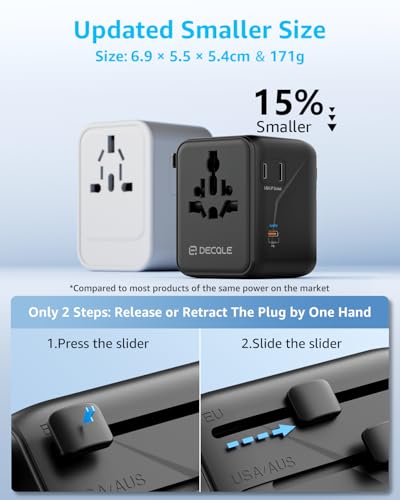 “Pro” Universal Travel Adapter 3 USB-C＆ 2 USB-A Cover 200+ Countries - color: Black, size: 3C+2A 45W