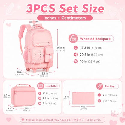 UFNDC 3PCS Rolling Backpack for Girls, Women Pink Roller Backpacks with an Interlaced Ribbon Bow, Water-Resistant Travel Wheeled Bookbag - color: Rolling Backpack Ribbon Bow Pink