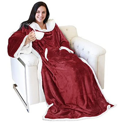 Catalonia Sherpa Wearable Blanket with Sleeves and Kangaroo Pocket - color: Wine, size: Kangaroo Front Pocket