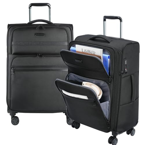 KROSER Softside Expandable checked Luggage with Front Business Pockets，24 Inch Suitcases with Spinner Wheels & Built-in TSA Lock, Durable Suitcase Rolling Luggage, Black - color: Black-24, size: 24 inch