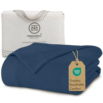 Threadmill Luxury 100% Cotton Queen Herringbone Blanket, Folkstone Blue - color: Folkstone Blue, size: Queen (90" x 92")