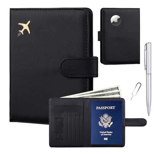GOAUS Passport Holder for Travel with AirTag Slot, Passport Book Wallet - color: Black, size: 5.6"x4.4"