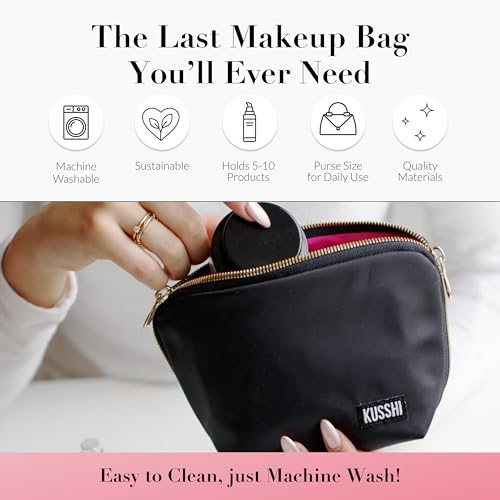 KUSSHI Washable Travel Makeup Bag for Purse (Everyday, Satin Black/Pink) - color: Satin Black/Pink, size: Everyday (Purse) Bag