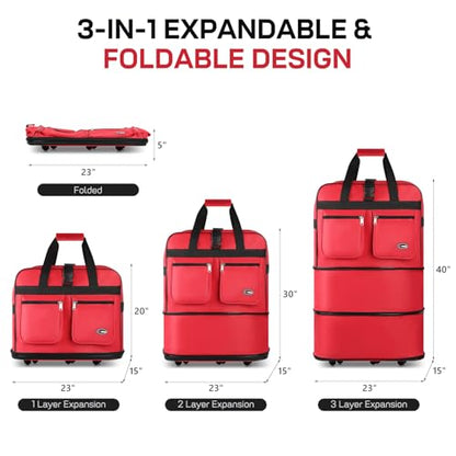 40'' Expandable Rolling Duffel Bag Suitcases w/Wheels,Foldable Luggage Bag - color: Red, size: 40"