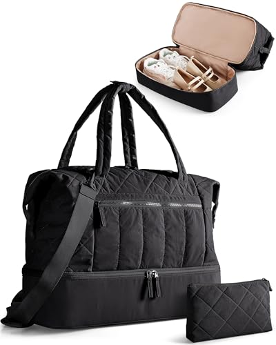 Smasrob Quilted Duffle Bag with Shoe Compartment, Wet Pocket, Laptop Pocket - color: Black