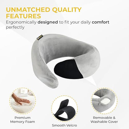 Travel Neck Pillow – Airplane Travel Essentials with Ergonomic Memory Foam Comfort – Premium Travel Pillows for Airplanes and Long Journeys, Compact Carry Pouch (Grey)