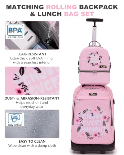 NEW TILAMI Rolling Backpack 19 inch with Lunch Bag Teens Cute Wheeled Computer Laptop Backpack Bookbag Roller Travel Bag College, Flower Pink - color: Flower Pink
