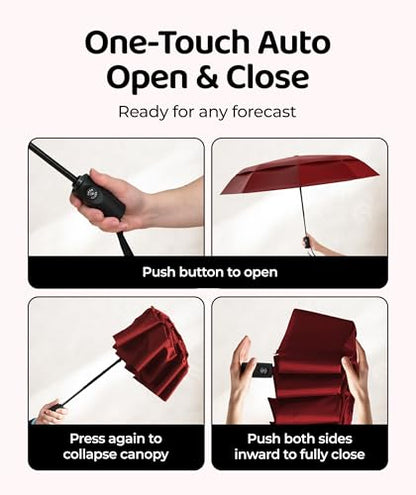 Windproof Travel Umbrella - Compact & Withstands Winds up to 100MPH, Strongest Premium Auto Folding Umbrella for Rain and Sun - Durable, Light & Portable for Women & Men, Fits Backpack & Cars - color: 10. Red