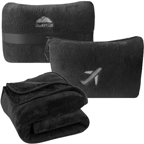 BlueHills Premium Soft Plush Mini Travel Blanket Pillow Flight Throw Black - color: Black-m05