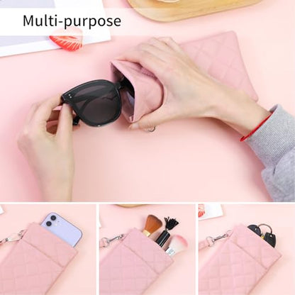 Double Eyeglass Case Soft Dual Glasses Case for Women Men Travel Squeeze Top Sunglasses Cases Eyeglasses Pouch - color: Black+dark Pink Lanyard