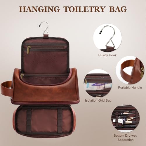 Customized Gifts Travel Leather Toiletry Bag for Mens, Engraved Name Initial PU Leather Waterproof Large Shaving Bag with Hooks, Unique Birthday Gifts for Him Men Dad Son Brother,G