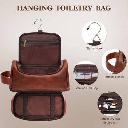 Customized Gifts Travel Leather Toiletry Bag for Mens, Engraved Name Initial PU Leather Waterproof Large Shaving Bag with Hooks, Unique Birthday Gifts for Him Men Dad Son Brother,G