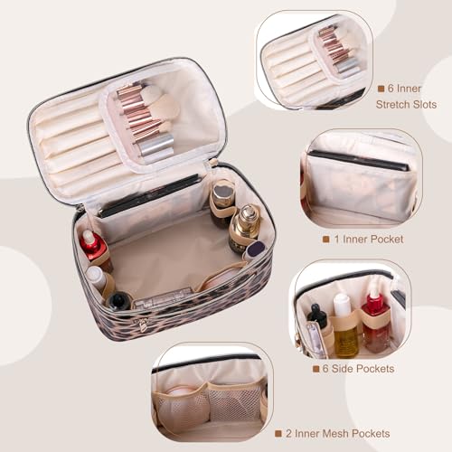 FITINI Travel Leopard Makeup Bag Cosmetic Bag with Zipper,Large Capacity Waterproof Toiletry Organizer Bag for Women Purse With Handle Zipper Brush Pouch - color: Leopard