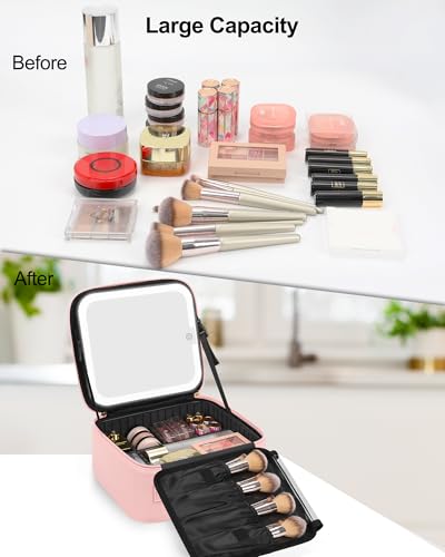 Chomeiu Travel Makeup Bag with LED Mirror, Cosmetic Bag with Handle, Pink - color: 01-Pink, size: A-Small