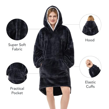 Berkshire Blanket Oversized Wearable Blanket Hoodie – SpaLoft Plush with Hood, Sleeves & Pocket - color: Black