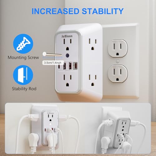 JcBlaon Surge Protector Outlet Extender 6 Outlet Extender with 4 USB Ports (PD 30W), 3 Sided 1050J Multi Plug Wall Adapter Power Strip for Home Travel Office Essentials-ETL - color: White PD30W 1 Pack