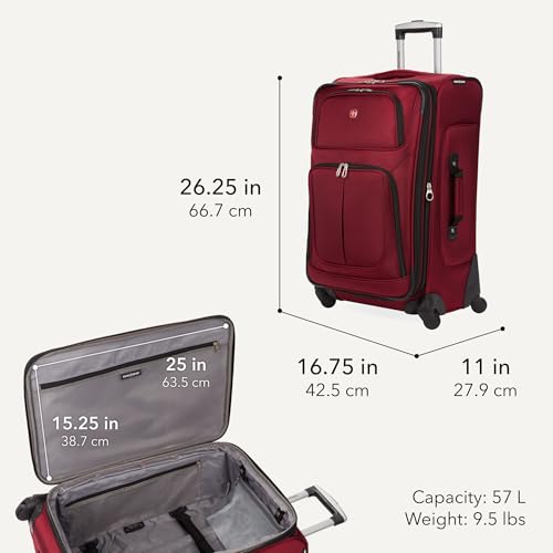 SwissGear Sion Softside Expandable Luggage – Medium Checked Suitcase with 360 Degree Wheels & Retractable Handle – 25 Inch, Perfect for 1-7 Night Trips – Burgundy - color: Burgundy, size: Checked-Medium 25-Inch
