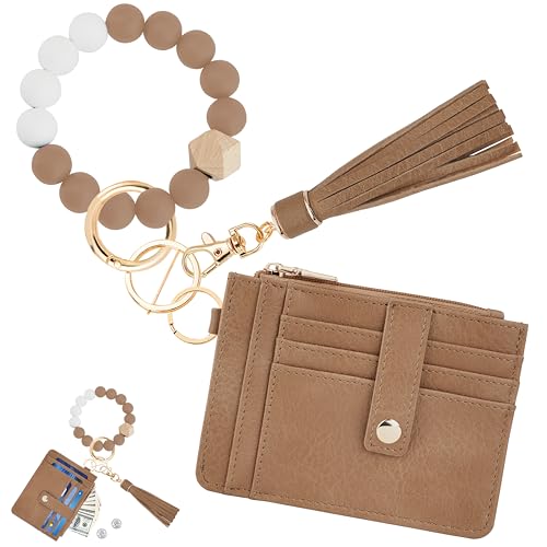 KNGITRYI Wristlet Wallet for Women,RFID Keychain Wallet with Beaded Strap - color: Camel