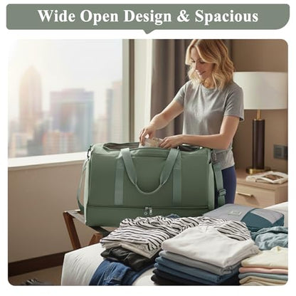 Large Travel Duffel Bag with Shoe Compartment, Weekender Bags for Women - color: B-Green with Toiletry Bag, size: Large