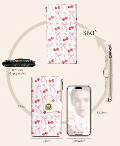 GIANCOMICS Cute Womens Wallet RFID Blocking, Bow Credit Card Holder Bifold - color: Bows and Cherry
