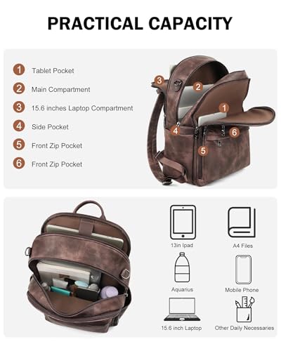 FADEON 15.6 Inch Laptop Backpack Purse for Women, Large Capacity - color: Coffee Brown Retro Style