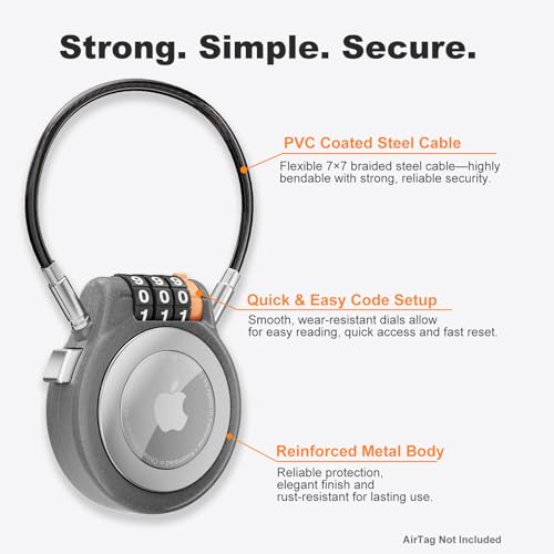 DRESSUP Metal Holder with Combination Lock, Lockable Case for Luggage, Backpack, Suitcase, Stroller & Ski Gear, GPS Tracker Case with Cable Lock Mount (Retro Gun Gray)
