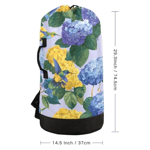 Blue Hydrangeas Hummingbirds Laundry Backpack Bag with Adjustable Shoulder Straps Handle Dirty Laundry Hamper Bag for Traveling Camp College Dorm Heavy Duty Waterproof Large Capacity - color: Blue Hydrangeas Hummingbirds