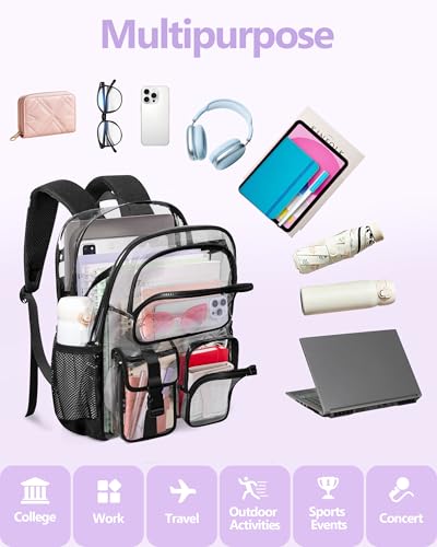 Yarwo Rolling Clear Backpack, 17" Transparent Bag with Detachable Trolley - color: Black