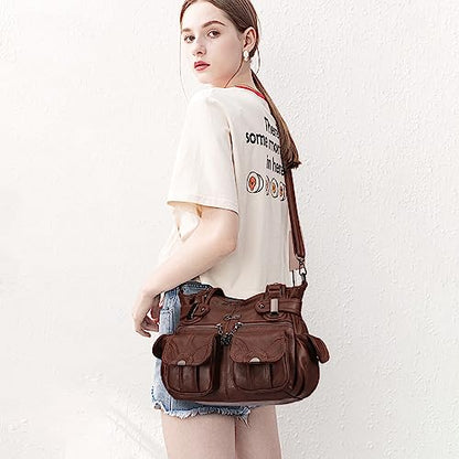 KL928 Women's Shoulder Purse Large Hobo Tote PU Leather Multi-Pocket Bag - color: Small#chestnut Brown