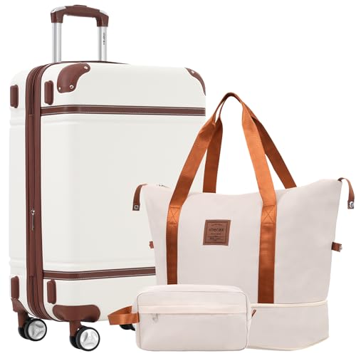 Merax 28 Inch Checked Luggage, Expandable Suitcase with Spinner Wheels - color: White(28+bags)