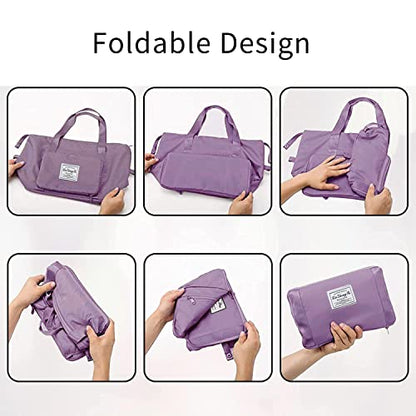 Large Capacity Foldable Travel Bag, Expandable Waterproof Carry on Bag, Dry and Wet Separation Spor Duffel Bags - color: Purple