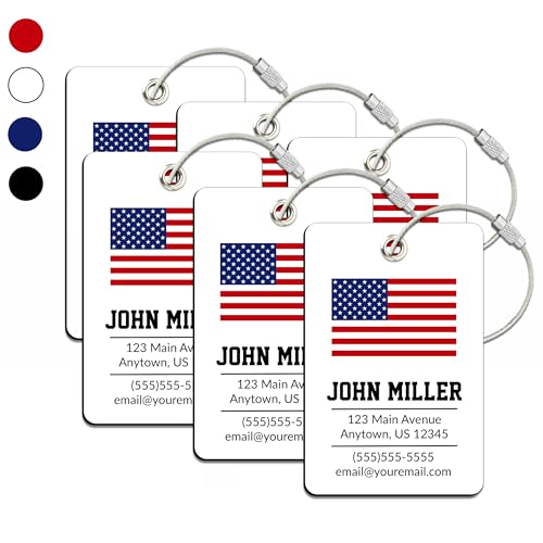 Personalized Luggage Tag with American Flag | 6 Pack | Custom Luggage Tags for Suitcases | Kids Backpack Tag | 4 Color Options & Choose Font, Font Color - color: White, size: 6 pack - Large