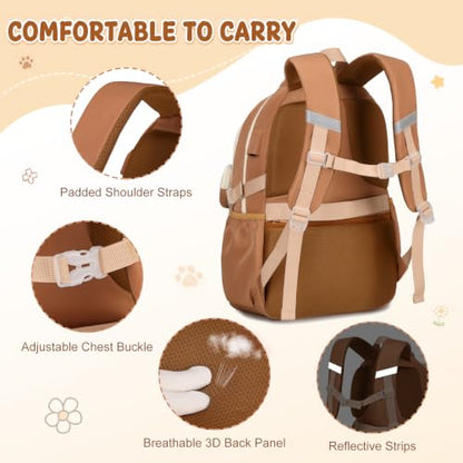4PCS Capybara Theme Backpack for Girls with Wired Headphones | with Lunch Box & Pencil Case, Cute Girls Backpack Kawaii Bookbag for Girls Kingdergarten Teens Elementary School Student - color: Khaki