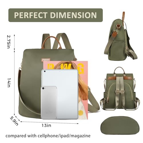 Fmeida Convertible Backpack Purse for Women Anti Theft Nylon Backpack Green - color: Olive Green