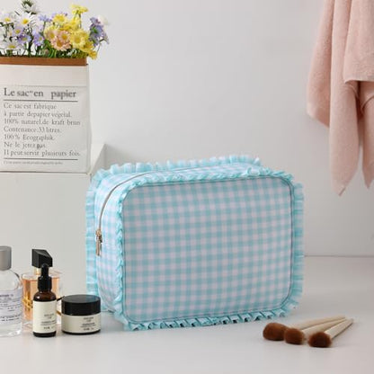 Ruffled Makeup Bag, Mint Gingham - color: Mint Gingham