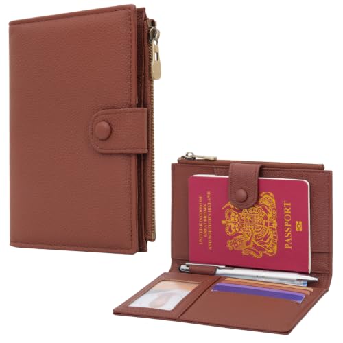 Leather Passport Cover Wallet Travel Essentials Holder with Zipper Pocket - color: Coffee
