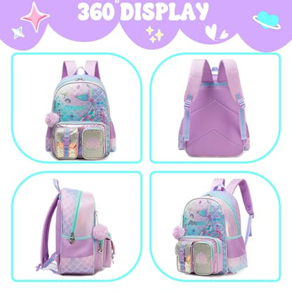 Meetbelify Backpacks for Girls School Backpacks with Lunch Box Pencil Case for Elementary Students Ages 8-10 - color: Purple 01