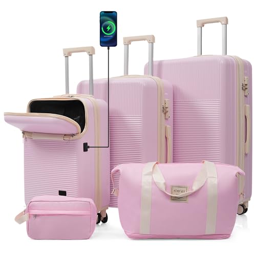 Merax Hardside Luggage Set,5 Piece Half Opening Suitcase Set,Pink - color: Light Pink, size: 5 Piece(20/24/28/DB/TB)