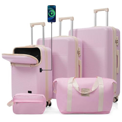 Merax Hardside Luggage Set,5 Piece Half Opening Suitcase Set,Pink - color: Light Pink, size: 5 Piece(20/24/28/DB/TB)