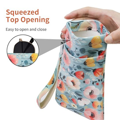 Double Eyeglass Case Soft Dual Glasses Case for Women Men Travel Squeeze Top Sunglasses Cases Eyeglasses Pouch - color: Blue+pink Flower