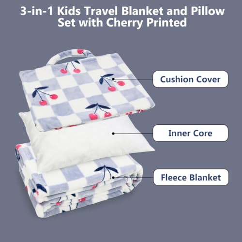3 in 1 Kids Travel Blanket and Pillow Set with 40x60 Blanket - color: Blue Checkered & Cherry