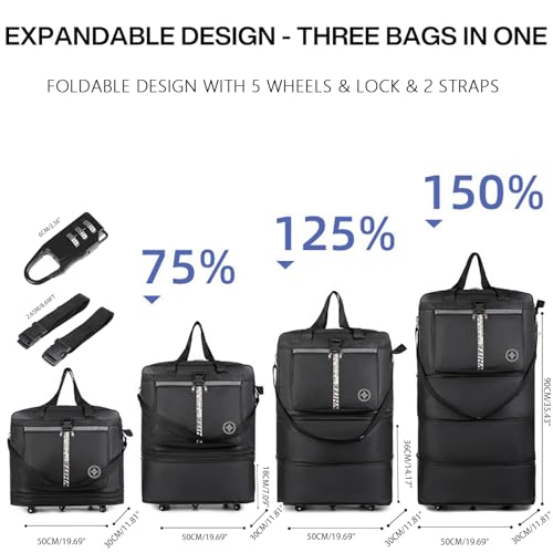 Expandable Travel Duffel Bag with Wheels, 42 Inch Large Collapsible Luggage, 5pcs 360° Spinner Wheels, Waterproof Oxford Cloth, Foldable Suitcase with Shoulder Strap for Men & Women, Gray - color: Gray
